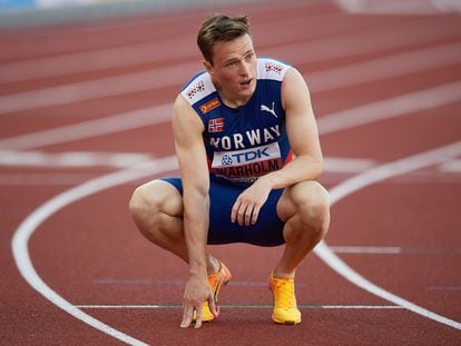El noruego Karsten Warholm, al acabar los 400 metros vallas del Mundial de Oregón, este martes.