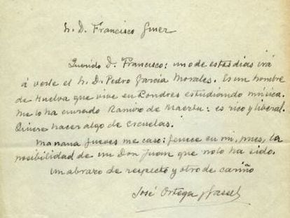 Carta de Ortega a Giner de los Ríos, en 1910, en la que se anuncia que se casa al día siguiente.