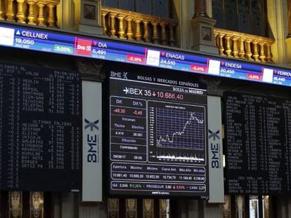 Panel con datos del principal indicador de la Bolsa espa&ntilde;ola, el IBEX 35.
