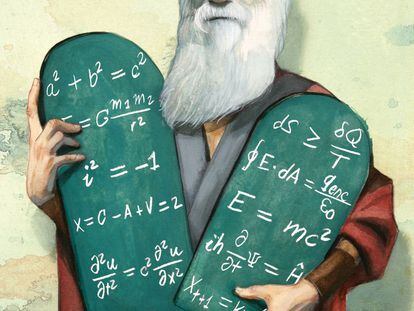 Darwin, como un nuevo Moisés, sostiene las tablas con ecuaciones de la historia de la ciencia.