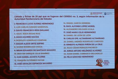 Lista oficial de los reos fugados del penal de Ciudad Juárez, proyectada durante una rueda de prensa en Ciudad de México, el 2 de enero de 2022.