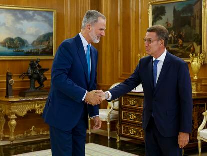 El rey Felipe VI recibe al líder del PP, Alberto Núñez Feijóo, el pasado martes en el Palacio de la Zarzuela.