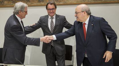 Artur Mas, presidente de la Generalitat, junto al alcalde Trias y el consejero de Economía Andreu Mas-Colell.