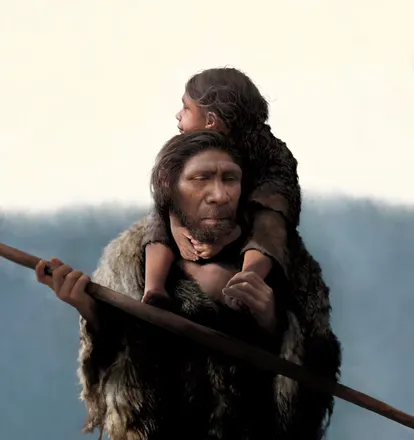 Representación del padre e hija neandertales hallados en la cueva de Chagyrskaya, en Rusia.