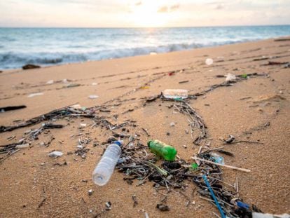 Restos de plástico no reutilizable en una playa