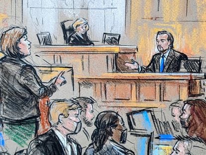 Boceto de la sesión en la que el actor Leonardo DiCaprio ha testificado en el juicio del rapero Prakazrel 'Pras' Michel en la sala del tribunal de distrito de los Estados Unidos en Washington, el 3 de abril de 2023.