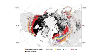 Mapa de los lagos del hemisferio norte que pueden experimentar deshielos intermitentes por el cambio climático.  