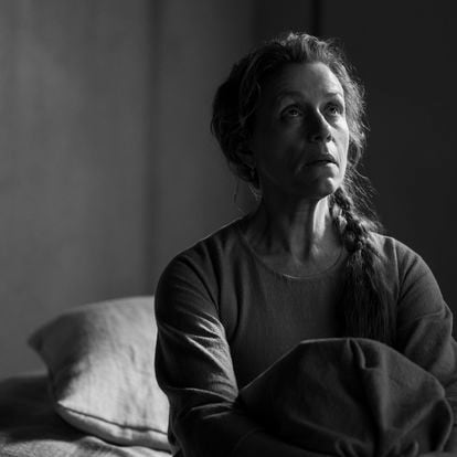 This image released by A24 shows Frances McDormand in a scene from "The Tragedy of Macbeth." (A24 via AP)
