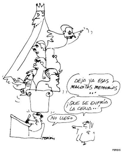 Una divertida viñeta de Peridis en la que aparece el propio dibujante y sus principales personajes. Se publicó en EL PAÍS el 4 de enero de 2007 porque había aparecido un libro con sus memorias.