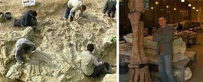Miembros del equipo en las excavaciones de Teruel y, a la derecha, el paleontólogo Luis Alcalá, con una réplica de la pata delantera del dinosaurio gigante.