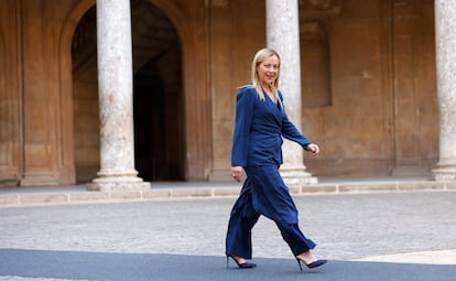 The Italian Prime Minister, Giorgia Meloni, at the Palace of Charles V in Granada.