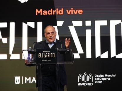 El presidente de la LaLiga, Javier Tebas, participa en el acto institucional #ElClásicoEnMadrid, de cara al duelo de este domingo.