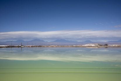 An evaporation pond at a lithium mine in Chile's Atacama desert in May 2019.