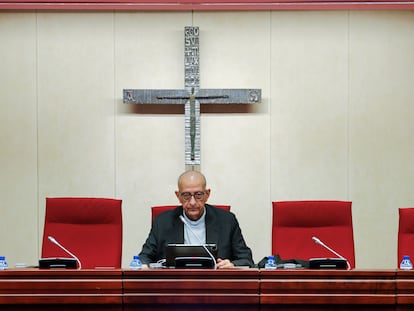 El presidente de la Conferencia Episcopal Española (CEE), Juan José Omella, al inicio, este lunes, de la 259ª reunión de la Comisión Permanente de la conferencia.