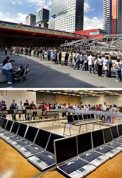 En la fotografía superior, colas de visitantes para examinar el material informático y audiovisual en el Centro de Convenciones. En la imagen inferior, una de las salas con objetos que saldrán a subasta.