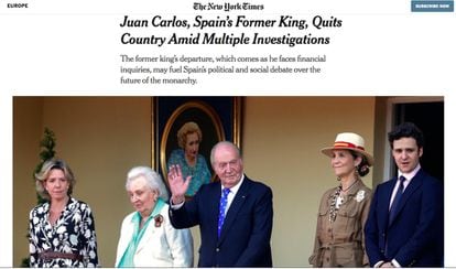 ‘The New York Times’ destaca que la salida del monarca puede alimentar el debate político sobre el futuro del modelo del Estado en España. El periódico estadounidense también señala que la presencia de Juan Carlos I en La Zarzuela representaba una sombra para el actual rey Felipe VI.