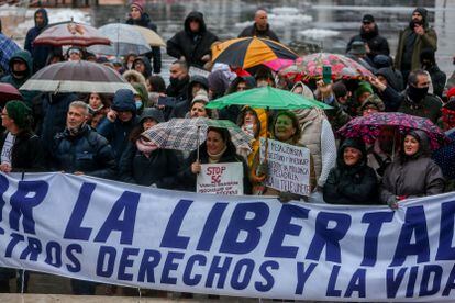 Un grupo de manifestantes, en la concentración convocada por el centro de la capital contra las medidas impuestas y la crisis sanitaria de la covid-19, este sábado en Madrid.