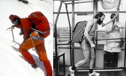 El británico Chris Bonington, cuyo equipo fue el primero en escalar la cara sur del Annapurna en 1970. A la derecha, en una prueba de su resistencia respiratoria en 1980.