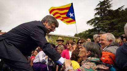 Carles Puigdemont, en un acto en Elna (Francia) el 6 de abril que congregó a más de 2.000 personas.