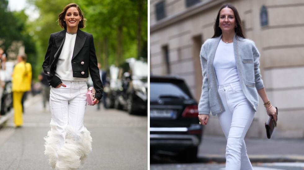 Dos ejemplos de cómo combinar las camisetas blancas bajo chaquetas de entretiempo protagonizados por las ‘influencers’ Olivia Palermo y Alba Garavito. GETTY IMAGES.