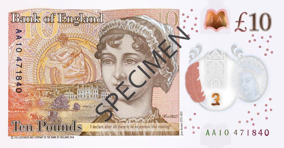 Diseño del nuevo billete de 10 libras con la cara de la escritora Jane Austen.