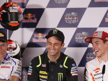 Rabat, Zarco y Márquez, en la conferencia de prensa en Jerez.