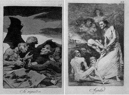 Dos de los <i>Caprichos </i>de Goya. A la izquierda, <i>Se repulen;</i> a la derecha, <i>Sopla.</i>