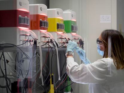 Biorreactores en funcionamiento en la farmacéutica española Hipra, en diciembre en Girona.
