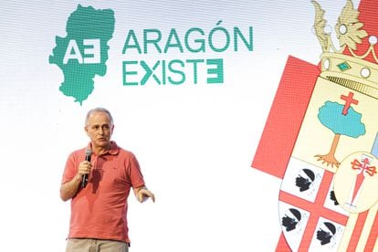 El coordinador general de la ejecutiva de Aragón Existe, Francisco Javier Juárez, en un acto de España Vaciada, el 29 de abril en Madrid.