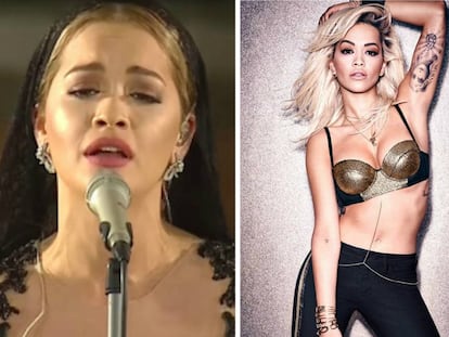 A la izquierda, Rita Ora durante la ceremonia de canonización de Teresa de Calcuta. A la derecha, la cantante en la campaña que protagonizó para Tezenis.