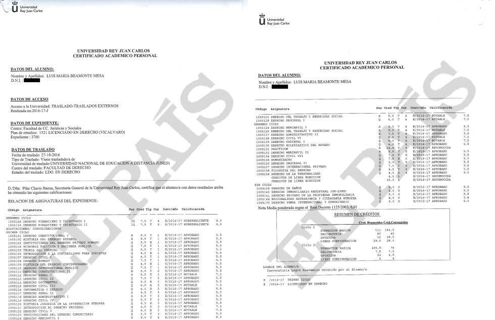 Expediente de Luis María Beamonte en la Universidad Rey Juan Carlos.