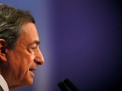El presidente del BCE, Mario Draghi, durante su intervenci&oacute;n en el Congreso de Banca Europea, en Fr&aacute;ncfort (Alemania). 