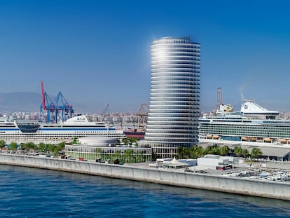 Recreación del hotel Torre del Puerto, en el dique de Levante de Málaga.