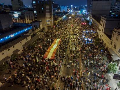 Thousands of demonstrators marched toward the Congress and Government Palace in central Lima.
