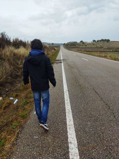Un joven pasea junto al punto de la carretera VP-5805 cerca de Velliza (Valladolid), donde se produjo el atropello mortal de dos hombres este domingo.