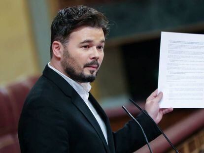 Gabriel Rufián, el pasado 4 de enero durante la sesión de investidura de Pedro Sánchez.