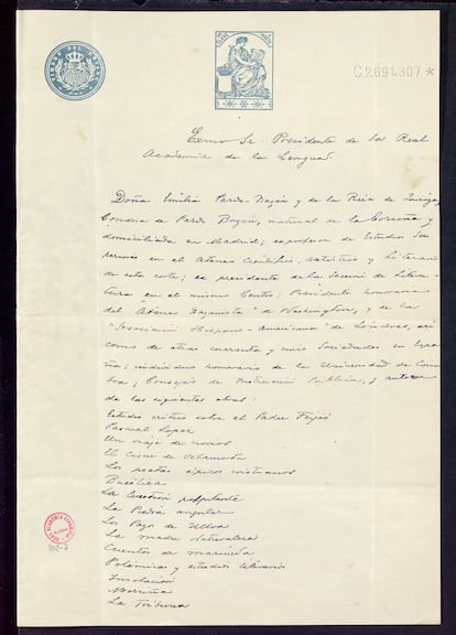Carta de Emilia Pardo Bazán para pedir su ingreso en la Real Academia Española en 1912.