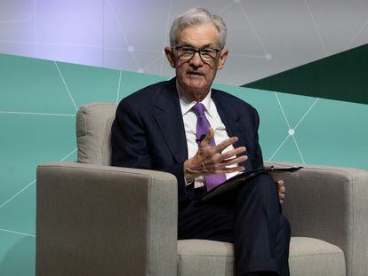 El presidente de la Reserva Federal de Estados Unidos, Jerome Powell, este miércoles en un foro de la Universidad de Stanford, en California.