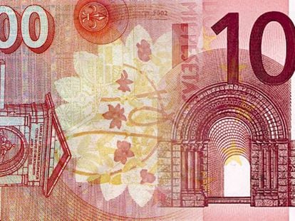 Montaje de billete de 200 pesetas con el de 10 euros.