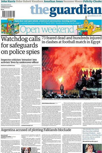 El diario 'The Guardian' destaca en su portada los incidentes durante el partido de fútbol en Egipto.