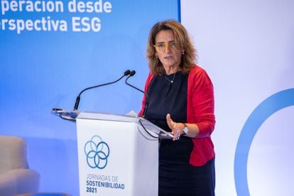 La vicepresidenta tercera y ministra de Transición Ecológica y Reto Demográfico, Teresa Ribera, en la inauguración de unas jornadas sobre sostenibilidad.