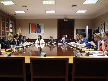 Los miembros de la comisión del Pacto de Toledo antes de comenzar la reunión de este martes. En vídeo, declaraciones de los portavoces de los partidos políticos.