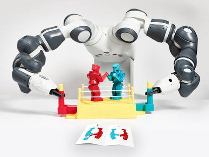 Ilustración conceptual del estudio, con una máquina manejando dos robots boxeadores tras aprender de dos viñetas los movimientos que tienen que cumplir. 