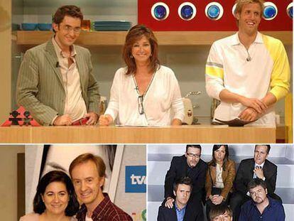 Arriba, los presentadores de <i>El programa de Ana Rosa</i>. Abajo, los protagonistas de la serie <i>Desaparecida</i> (izquierda) y el equipo de <i>Noche Hache. </i>