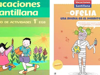 Combo de portadas de cuadernos de Vacaciones Santillana, de 1984 y 2021.