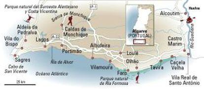 Mapa del Algarve, en Portugal.