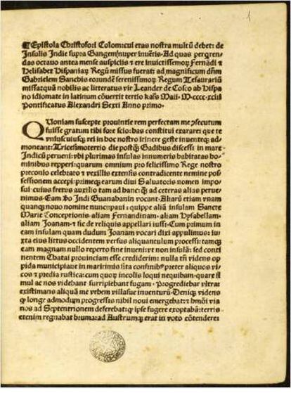 Primera página de la carta de Colón de 1493.