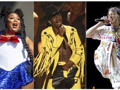 De izquierda a derecha, Lizzo, Lil Nas X y Billie Eilish, los principales nominados a los premios Grammy 2020.