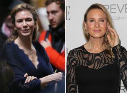 Renée Zellweger caracterizada como Bridget Jones durante el rodaje de la nueva película y, a la derecha, en su polémica aparición de hace un año