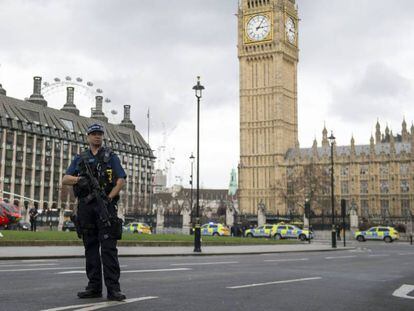 Agentes brit&aacute;nicos montan guardia tras el atentado frente al Parlamento en Londres.